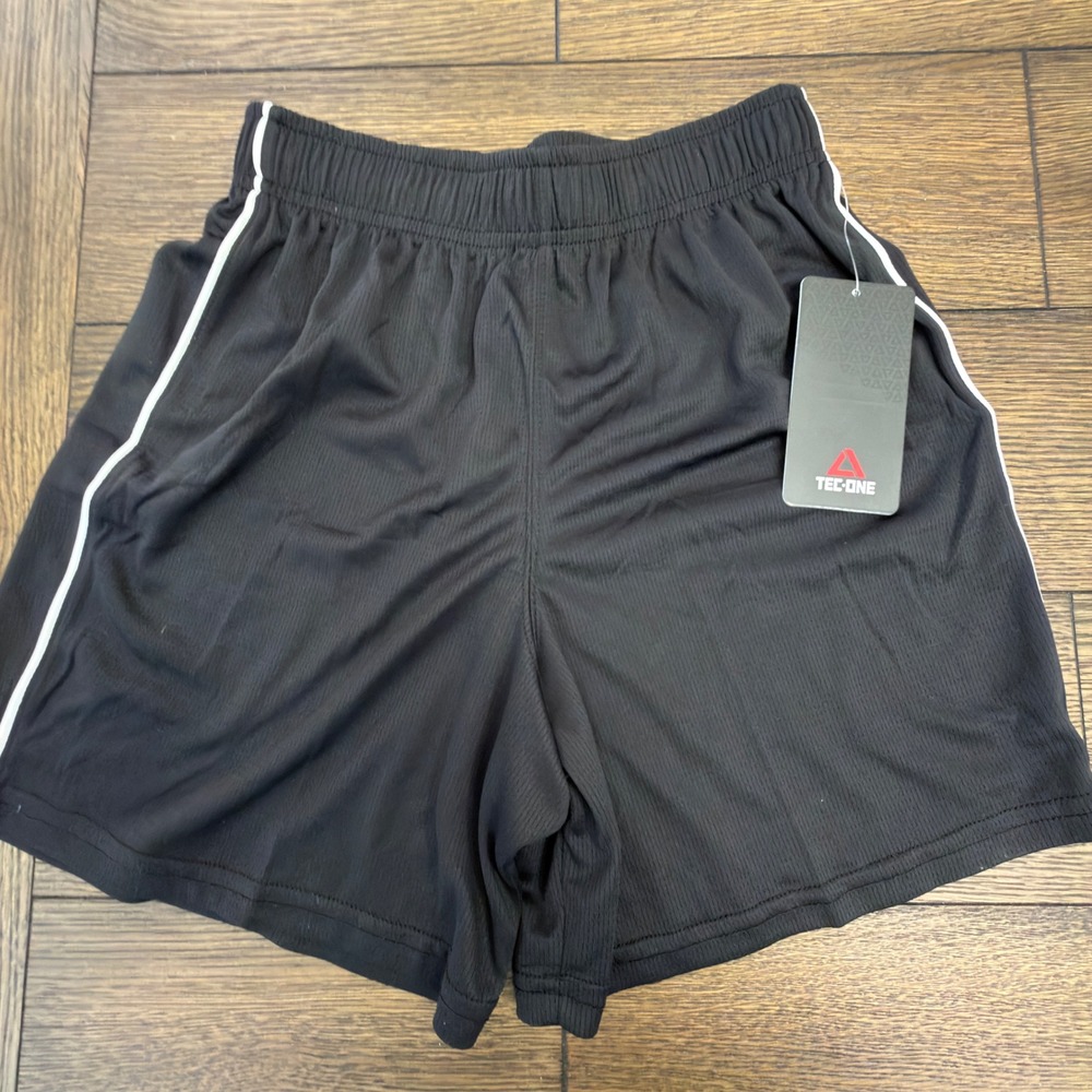 Tec-One Youth Soccer Shorts Black White Stripe Performance Mesh Size L 14/16 NEW